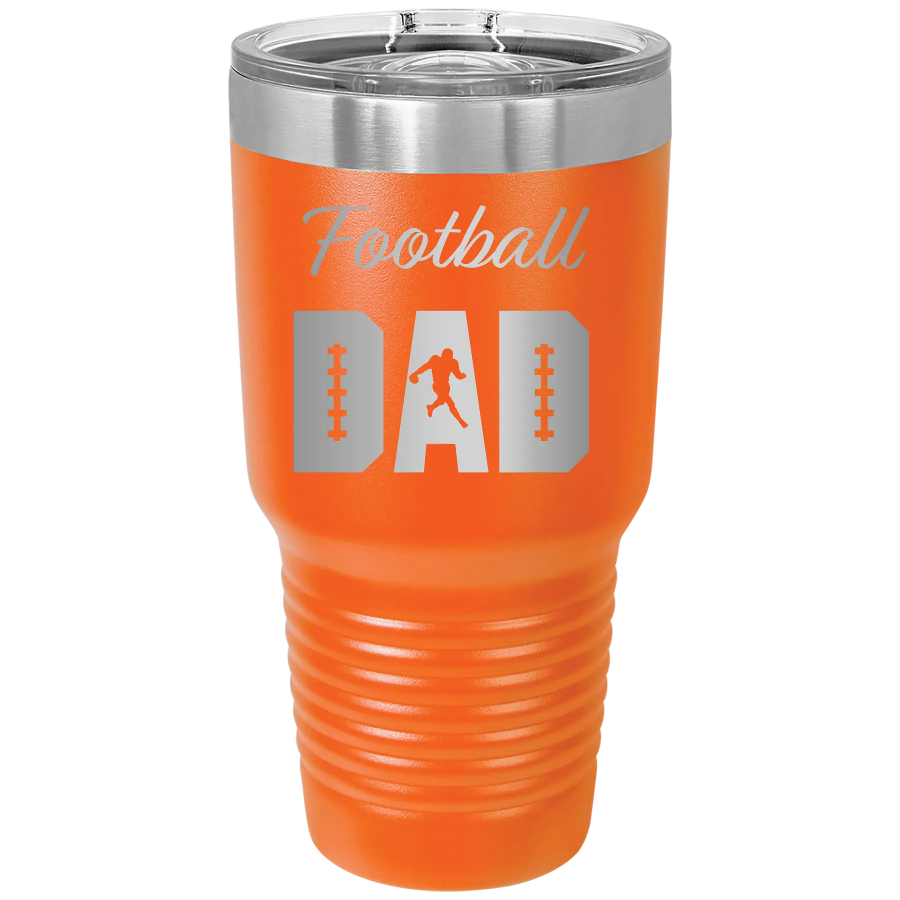 Laser etched orange 30 oz vacuum insulated tumbler with 'Football Dad2' design