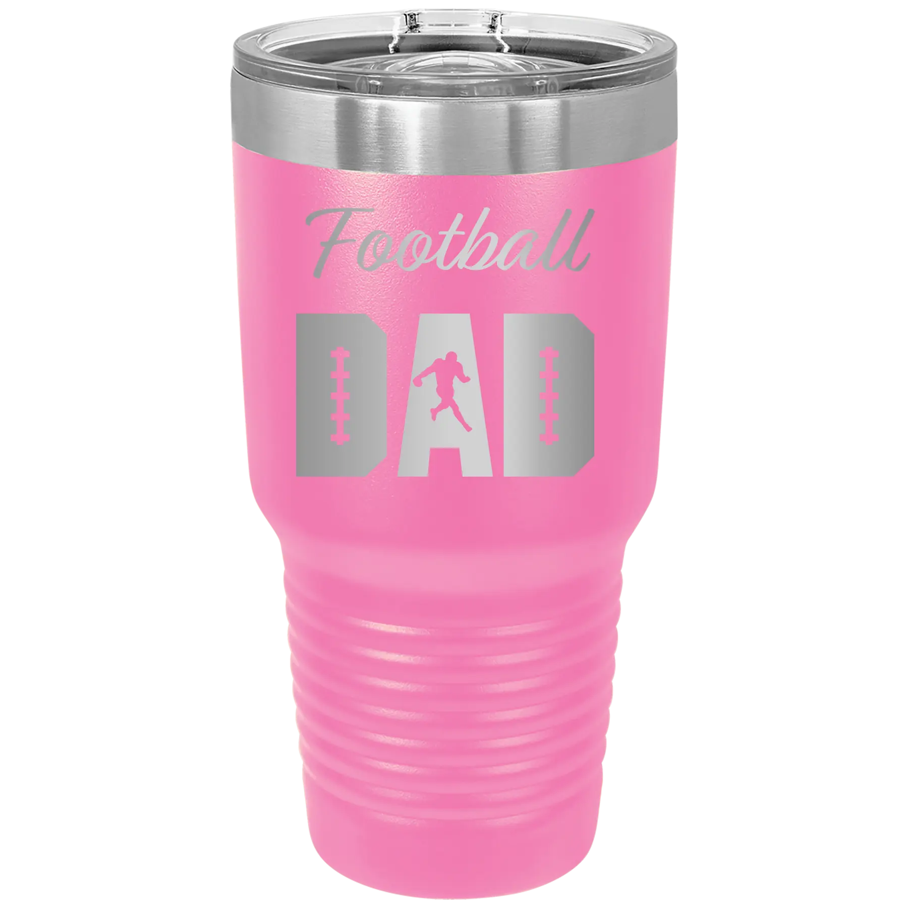 Laser etched pink 30 oz vacuum insulated tumbler with 'Football Dad2' design