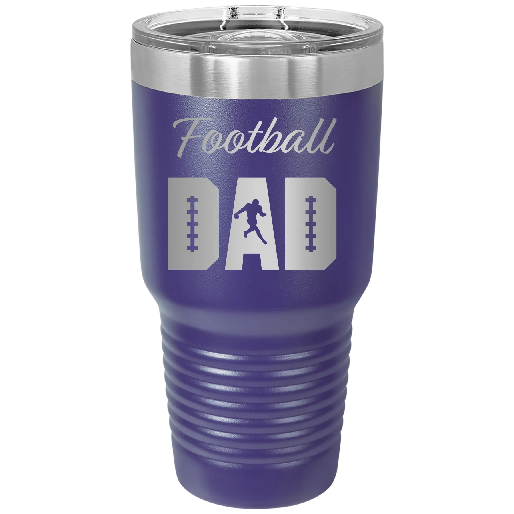 Laser etched purple 30 oz vacuum insulated tumbler with 'Football Dad2' design