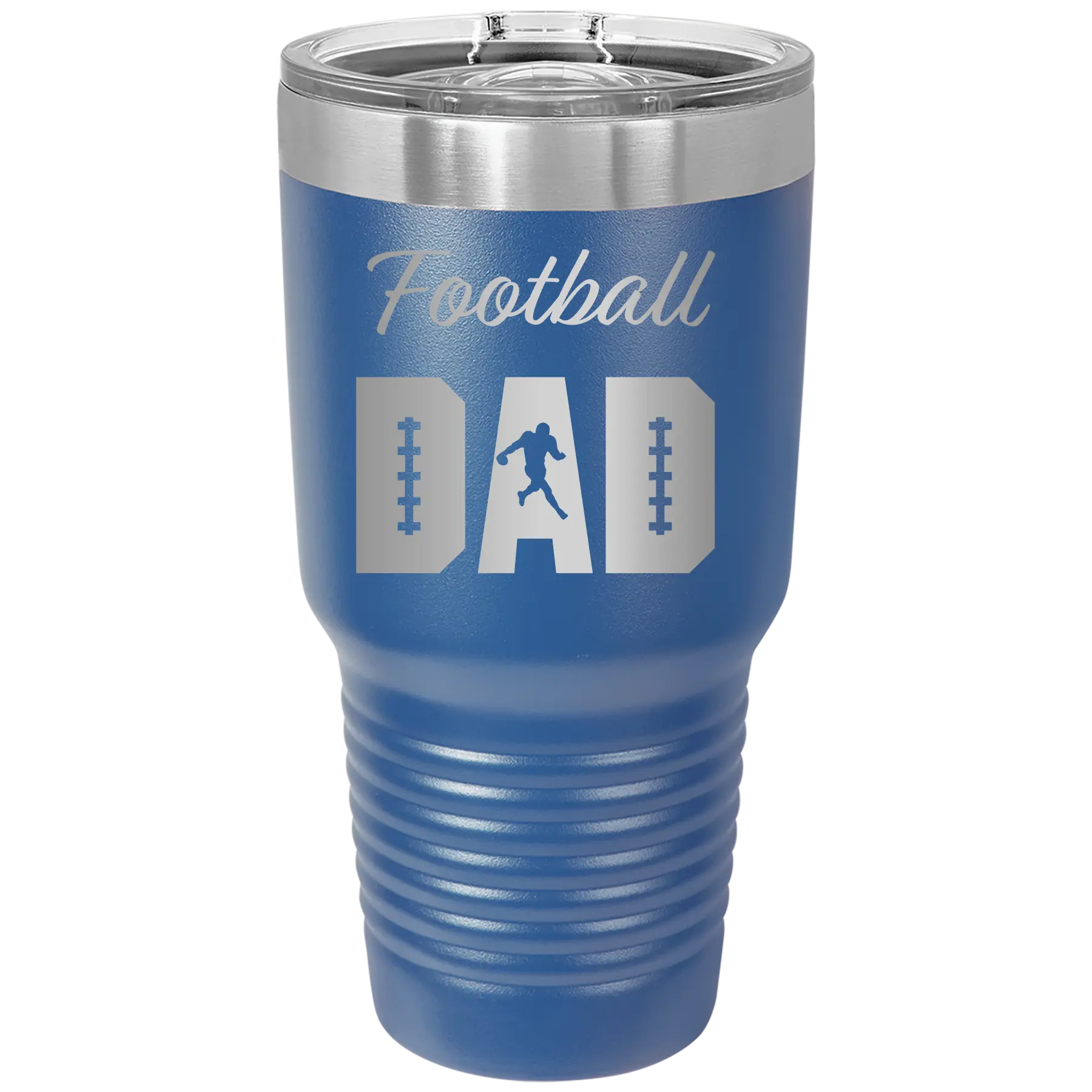Laser etched royal blue 30 oz vacuum insulated tumbler with 'Football Dad2' design