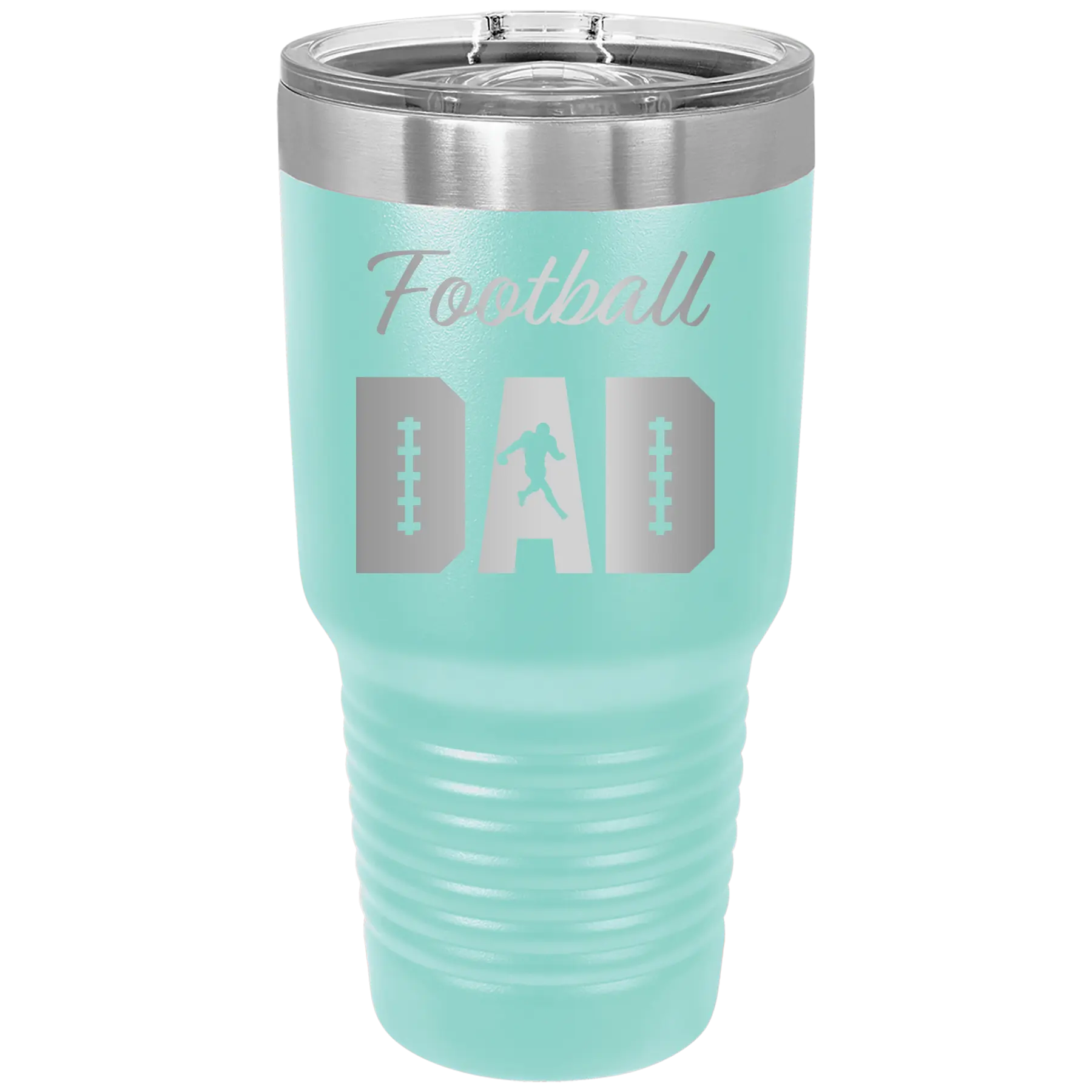 Laser etched teal 30 oz vacuum insulated tumbler with 'Football Dad2' design