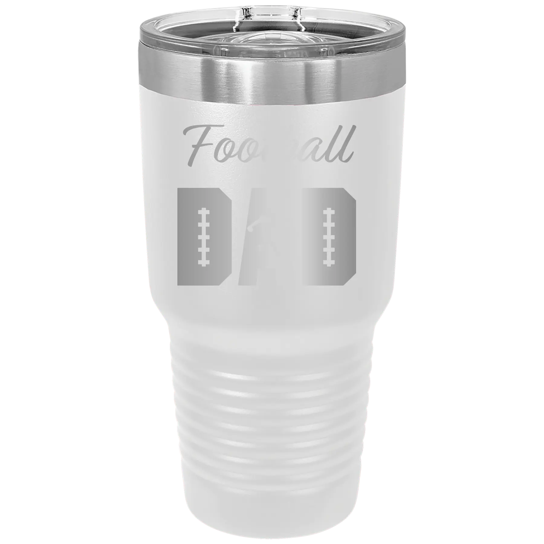 Laser etched white 30 oz vacuum insulated tumbler with 'Football Dad2' design