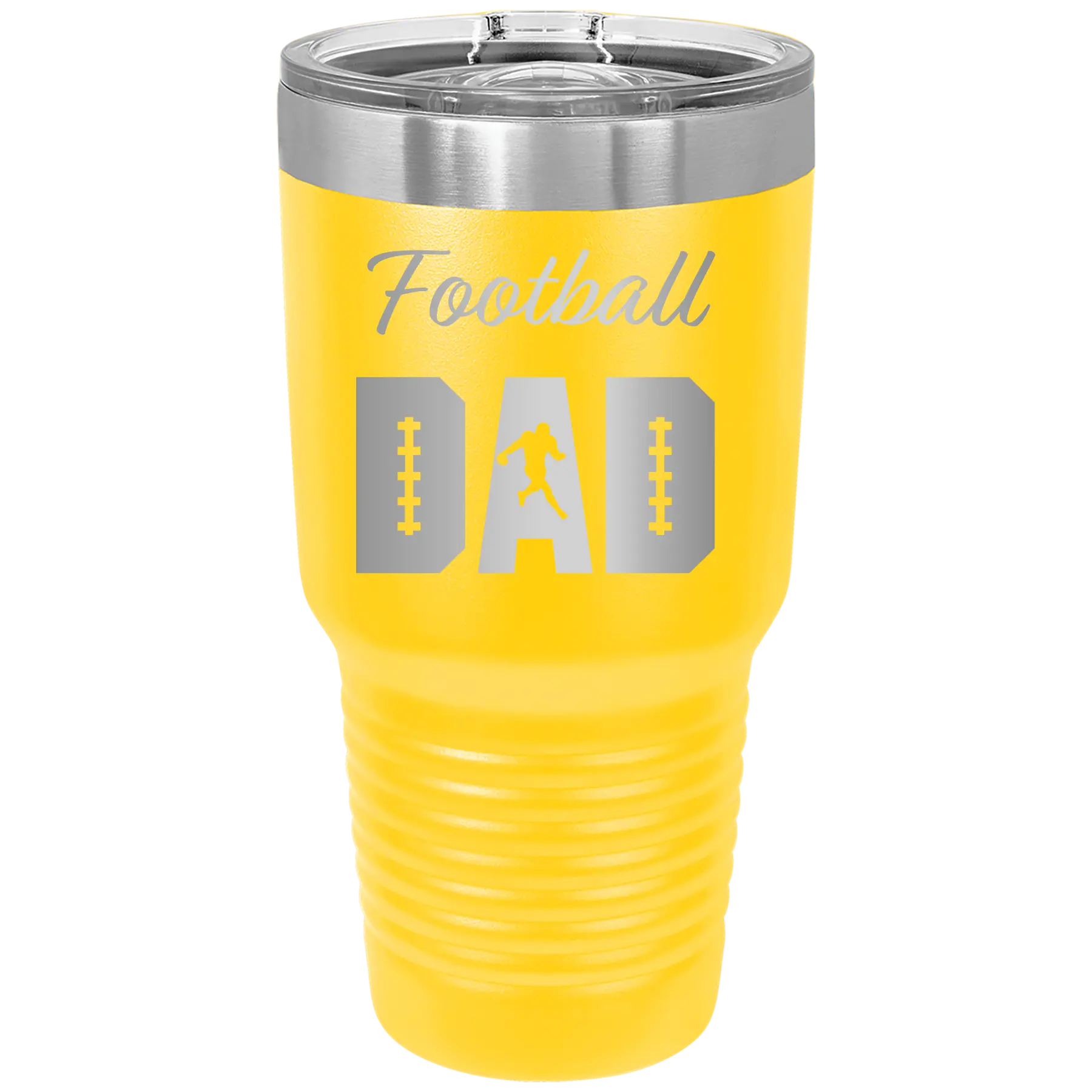 Laser etched yellow 30 oz vacuum insulated tumbler with 'Football Dad2' design