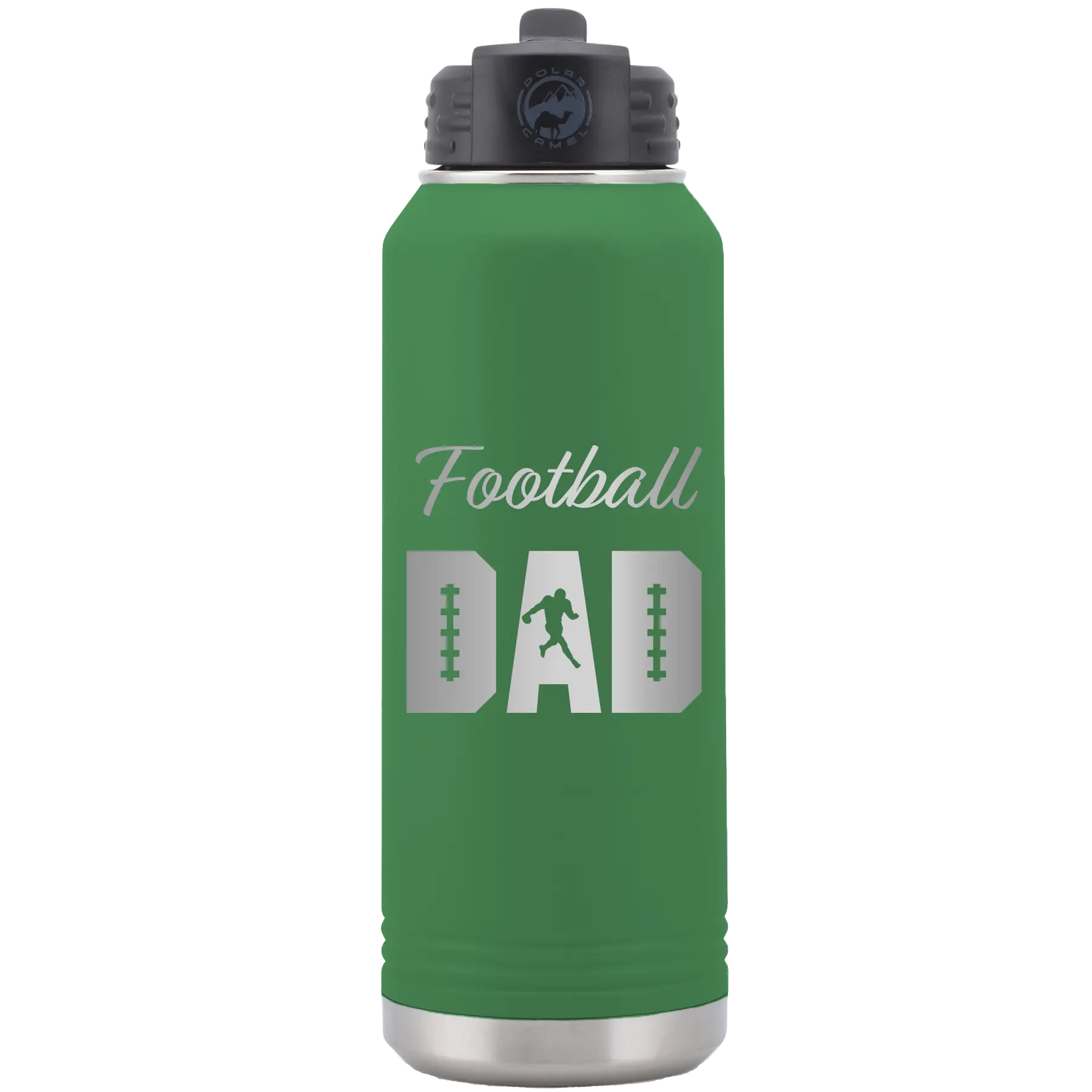 Laser etched green 32 oz vacuum insulated water bottle with 'Football Dad2' design