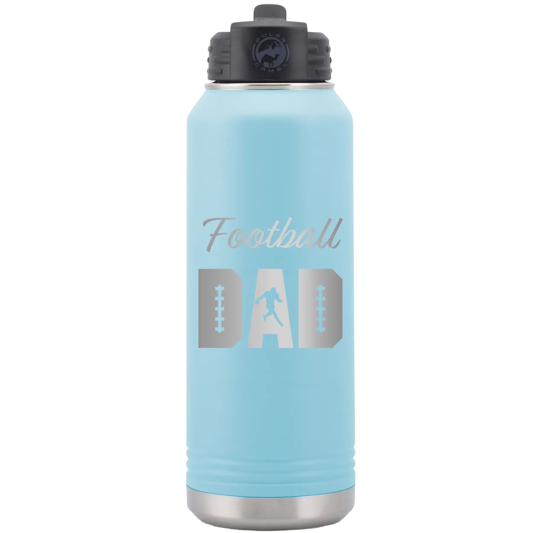 Laser etched light blue 32 oz vacuum insulated water bottle with 'Football Dad2' design