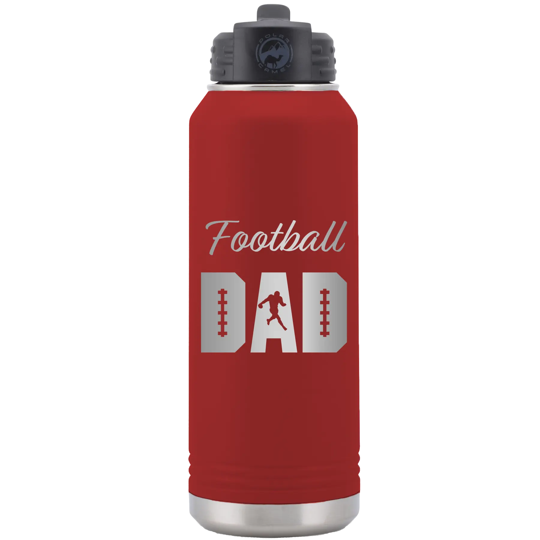 Laser etched maroon 32 oz vacuum insulated water bottle with 'Football Dad2' design