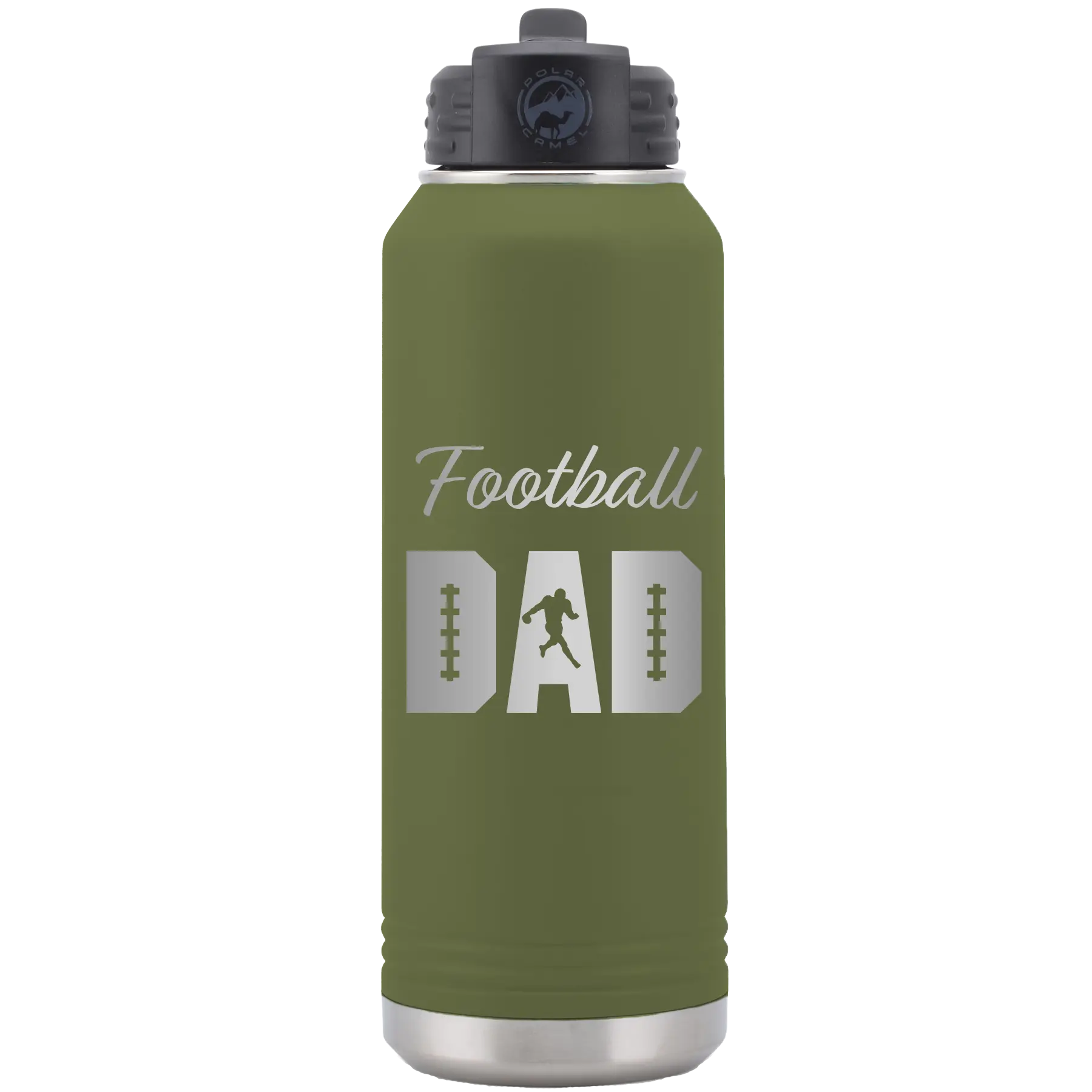 Laser etched olive green 32 oz vacuum insulated water bottle with 'Football Dad2' design