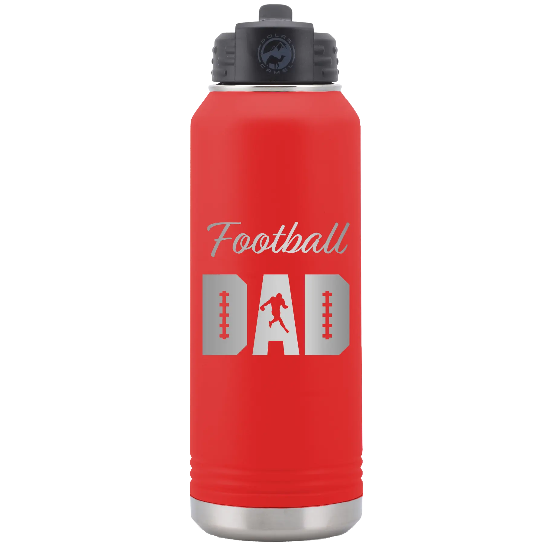 Laser etched red 32 oz vacuum insulated water bottle with 'Football Dad2' design
