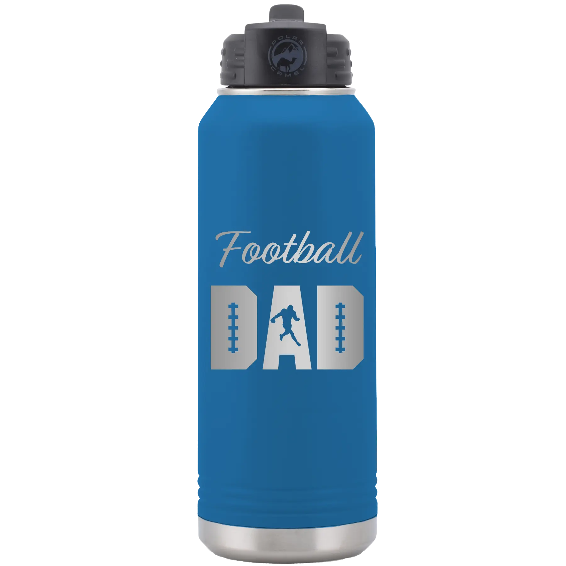 Laser etched royal blue 32 oz vacuum insulated water bottle with 'Football Dad2' design