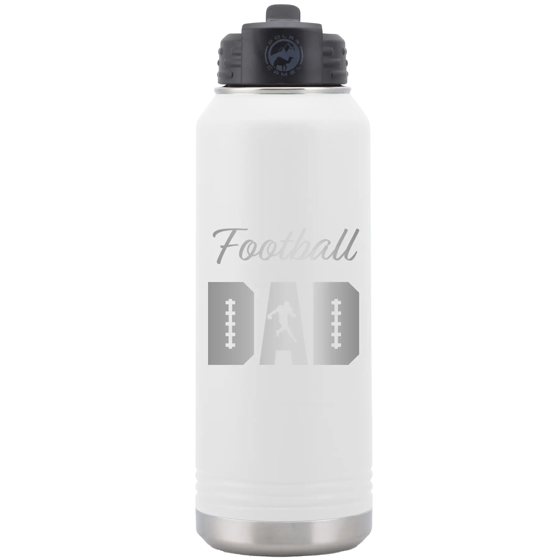 Laser etched white 32 oz vacuum insulated water bottle with 'Football Dad2' design