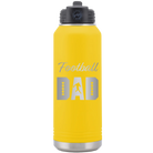 Laser etched yellow 32 oz vacuum insulated water bottle with 'Football Dad2' design