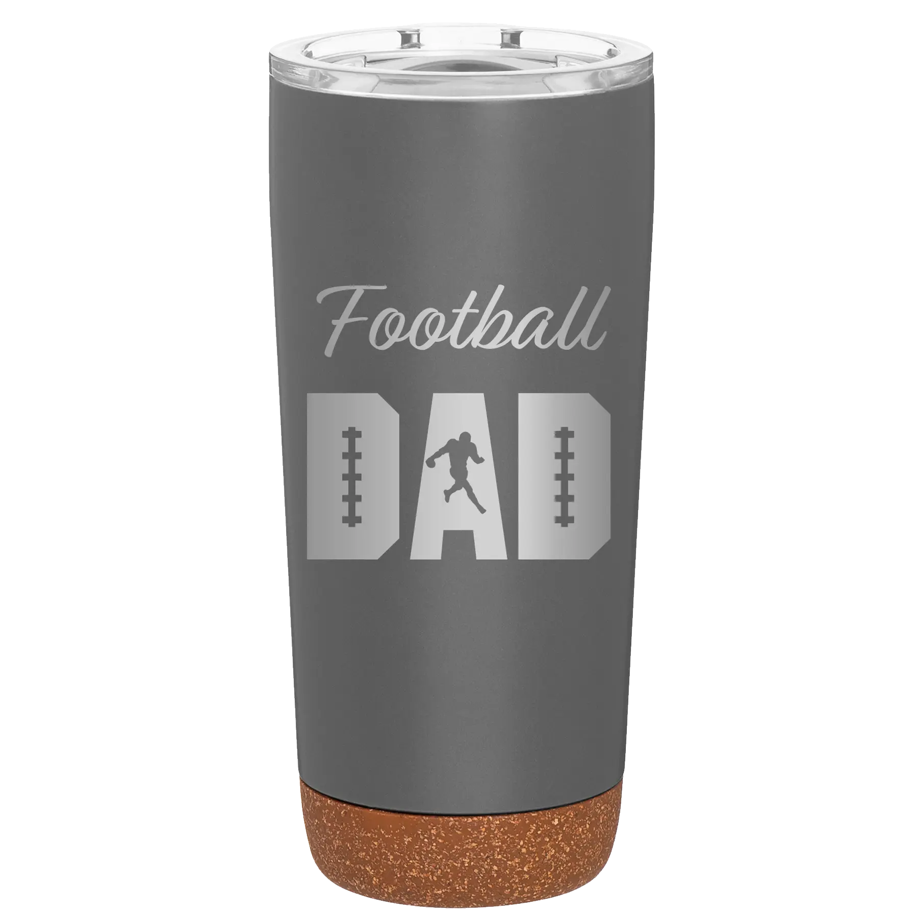 Laser etched storm gray 20 oz vacuum insulated tumbler with 'Football Dad2' design