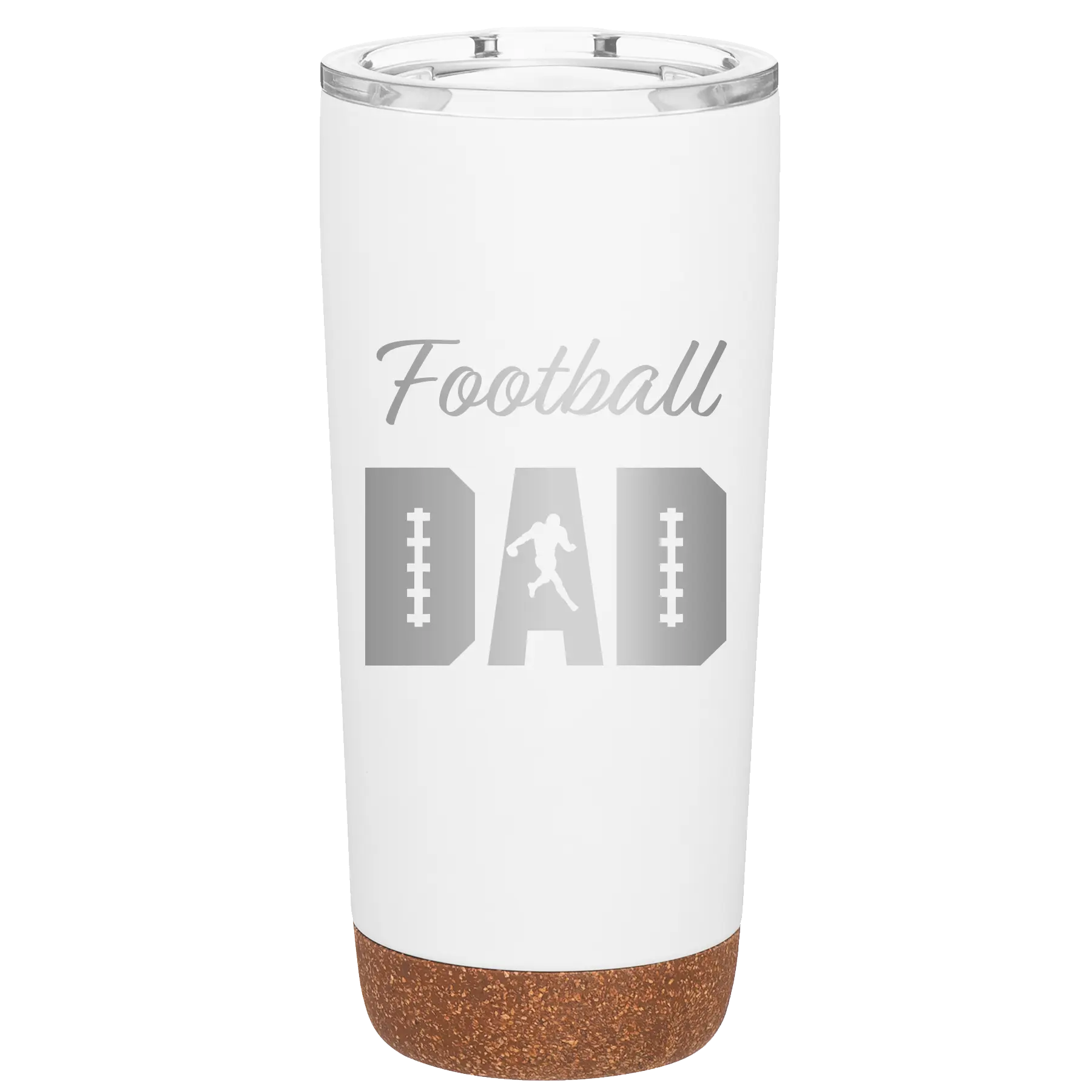 Laser etched white 20 oz vacuum insulated tumbler with 'Football Dad2' design