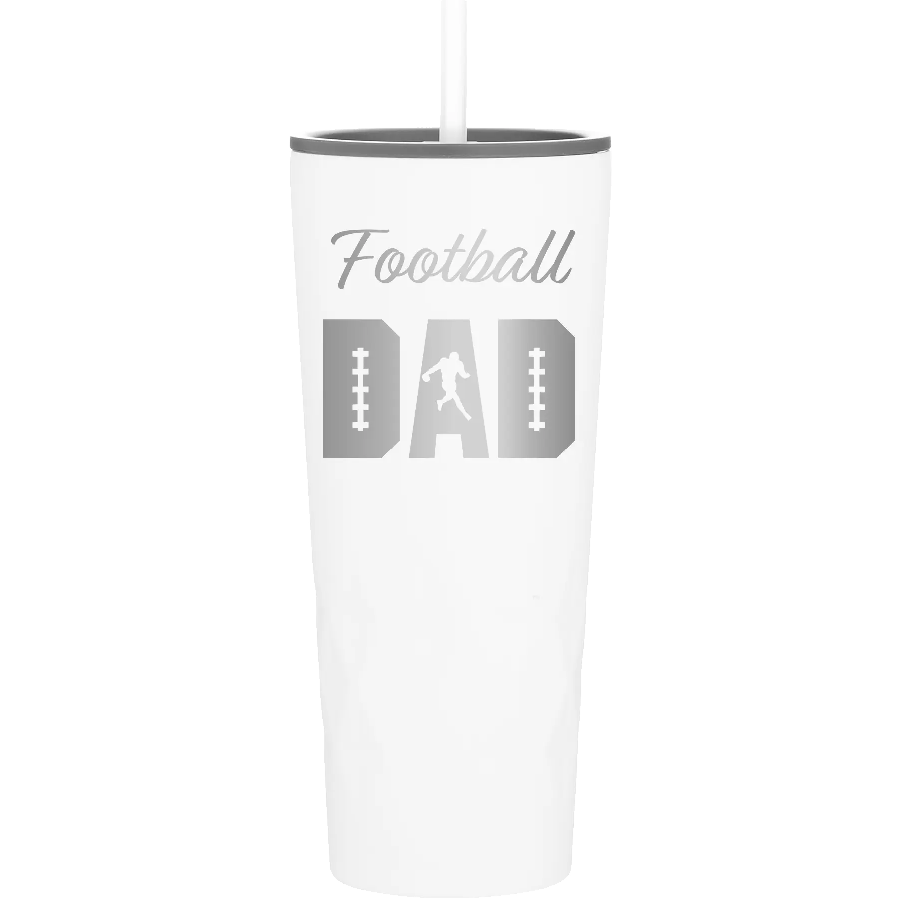 Laser etched white 20 oz vacuum insulated tumbler with 'Football Dad2' design