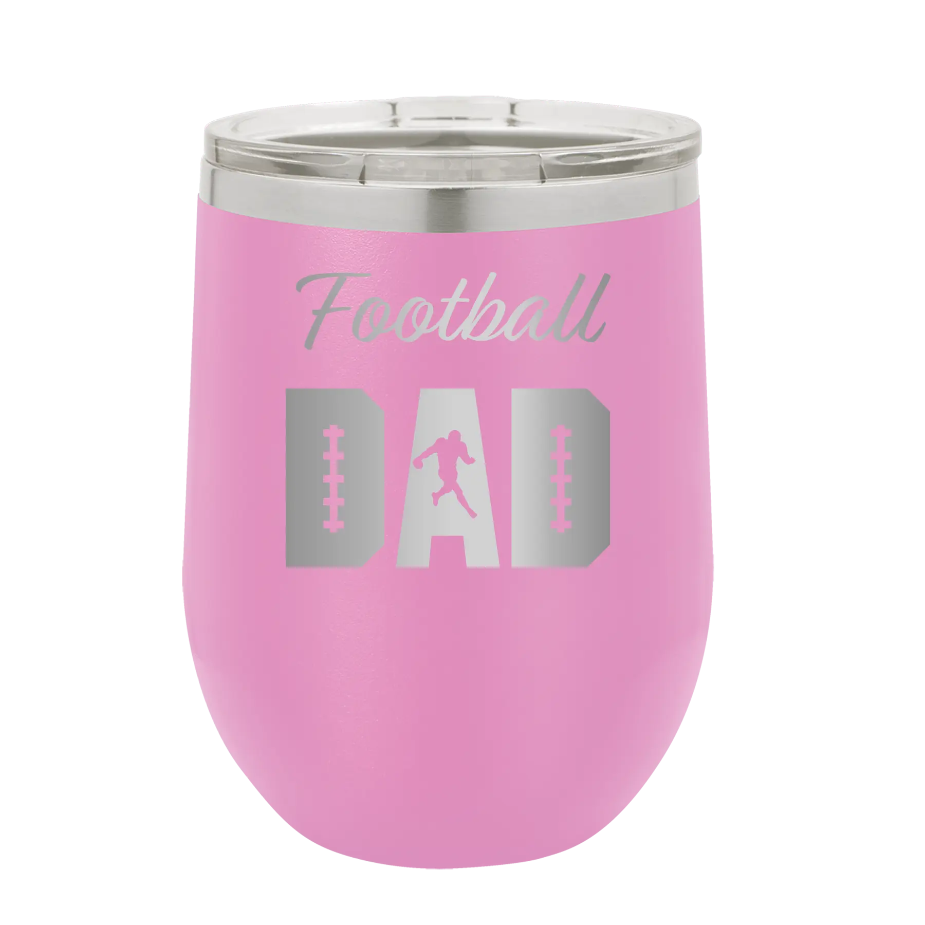Laser etched light purple 12 oz vacuum insulated wine cup with 'Football Dad2' design