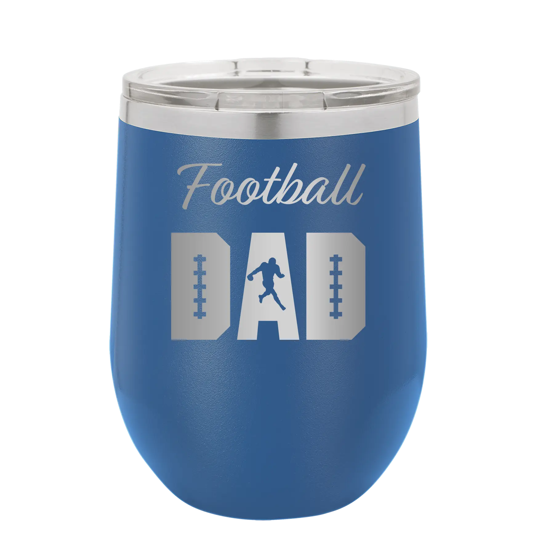 Laser etched royal blue 12 oz vacuum insulated wine cup with 'Football Dad2' design