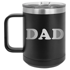 Laser etched black 15 oz vacuum insulated coffee mug with 'Golf Dad' design