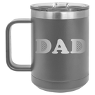 Laser etched dark gray 15 oz vacuum insulated coffee mug with 'Golf Dad' design