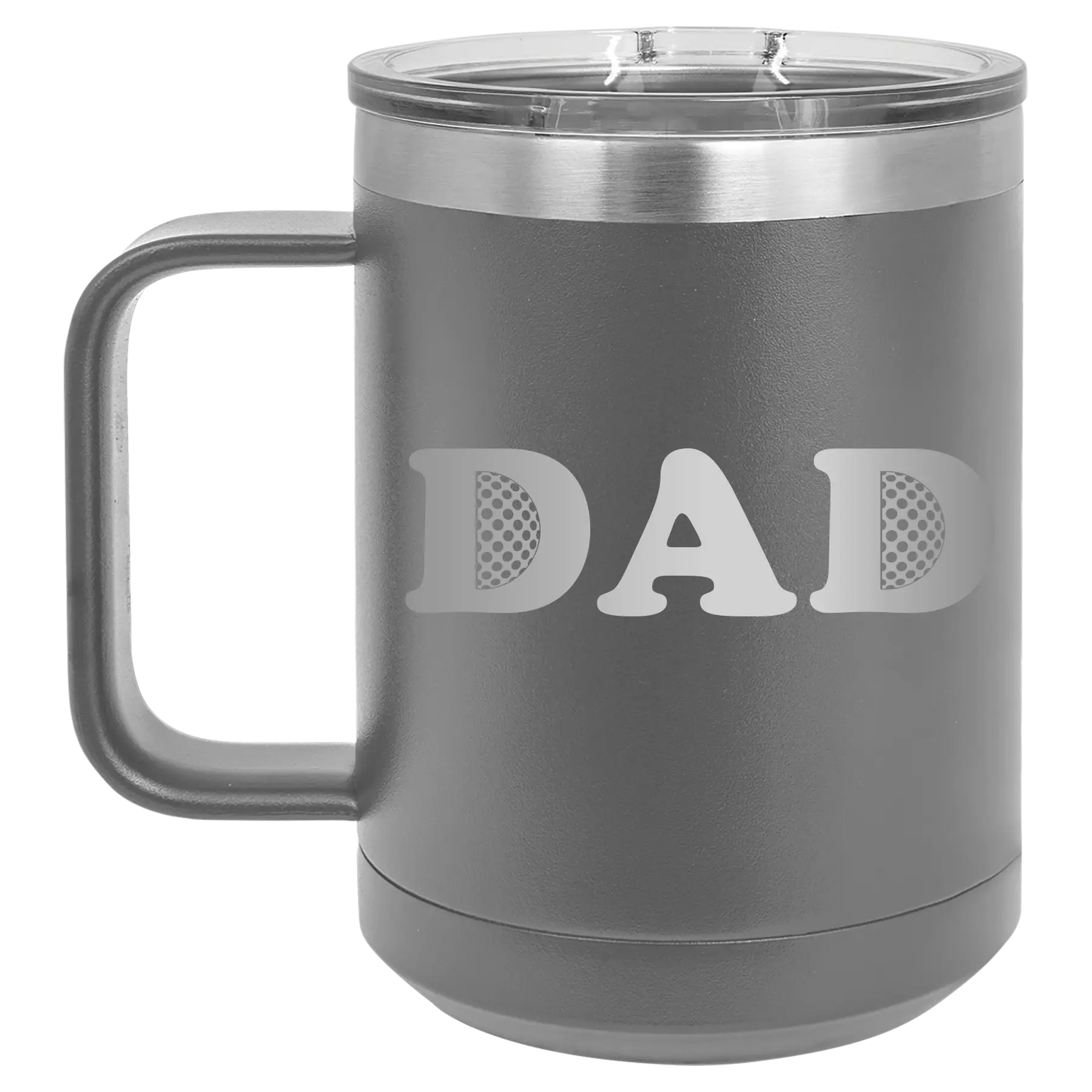 Laser etched dark gray 15 oz vacuum insulated coffee mug with 'Golf Dad' design