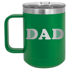 Laser etched green 15 oz vacuum insulated coffee mug with 'Golf Dad' design