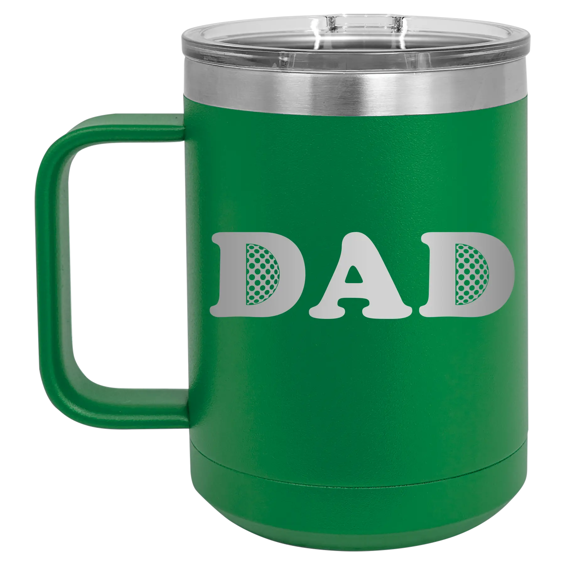 Laser etched green 15 oz vacuum insulated coffee mug with 'Golf Dad' design
