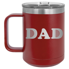 Laser etched maroon 15 oz vacuum insulated coffee mug with 'Golf Dad' design