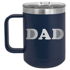 Laser etched navy 15 oz vacuum insulated coffee mug with 'Golf Dad' design