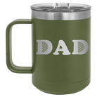 Laser etched olive green 15 oz vacuum insulated coffee mug with 'Golf Dad' design