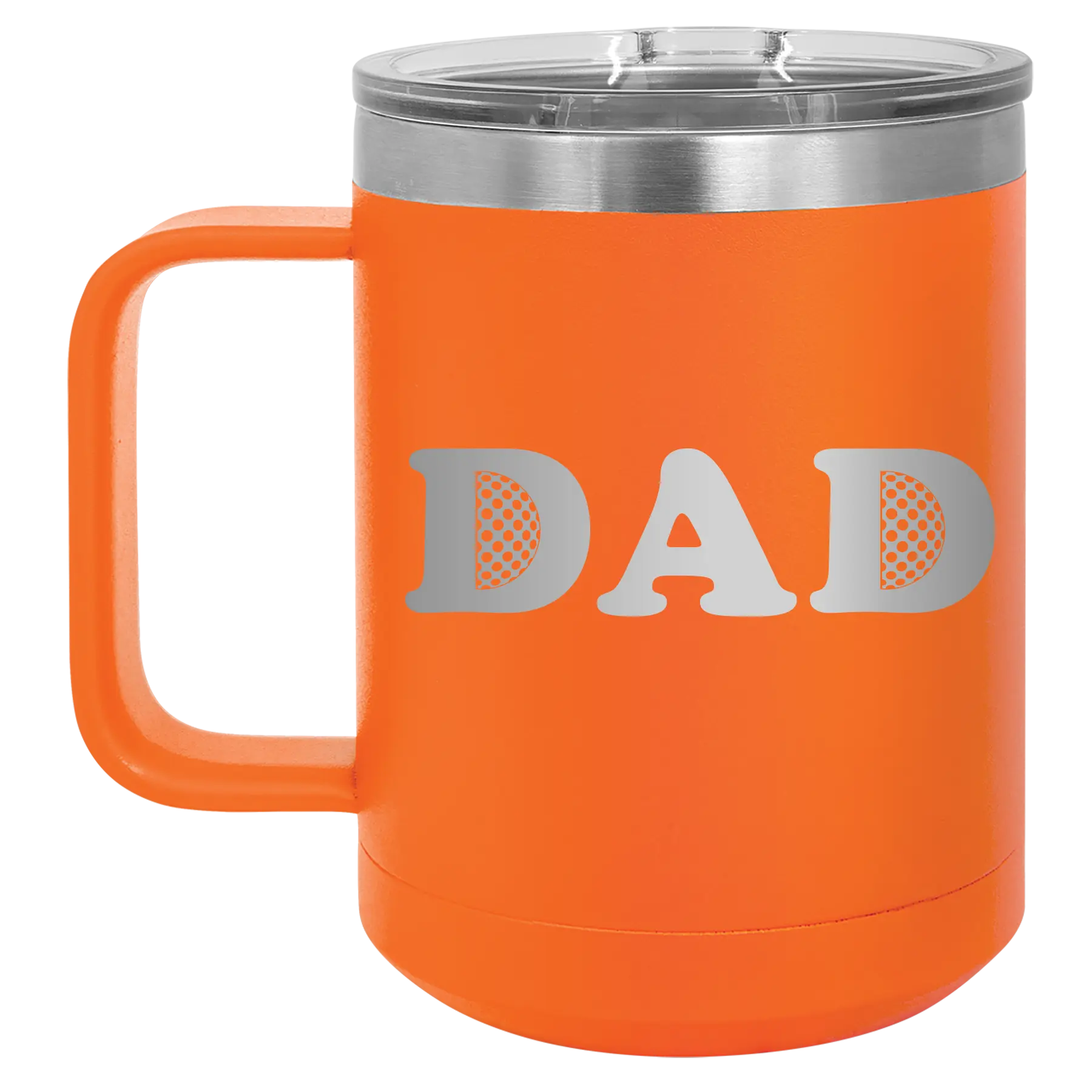 Laser etched orange 15 oz vacuum insulated coffee mug with 'Golf Dad' design