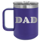 Laser etched purple 15 oz vacuum insulated coffee mug with 'Golf Dad' design