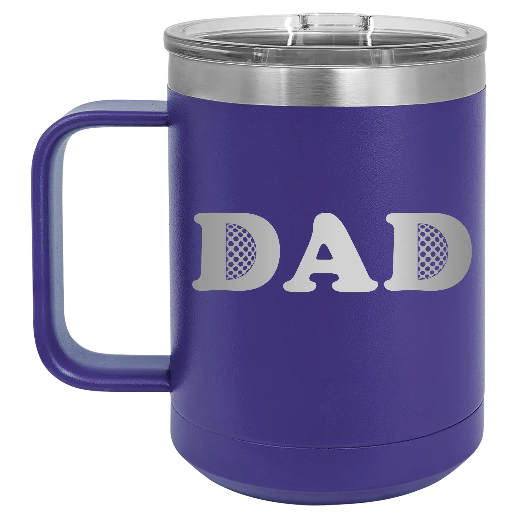Laser etched purple 15 oz vacuum insulated coffee mug with 'Golf Dad' design