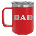 Laser etched red 15 oz vacuum insulated coffee mug with 'Golf Dad' design