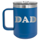 Laser etched royal blue 15 oz vacuum insulated coffee mug with 'Golf Dad' design