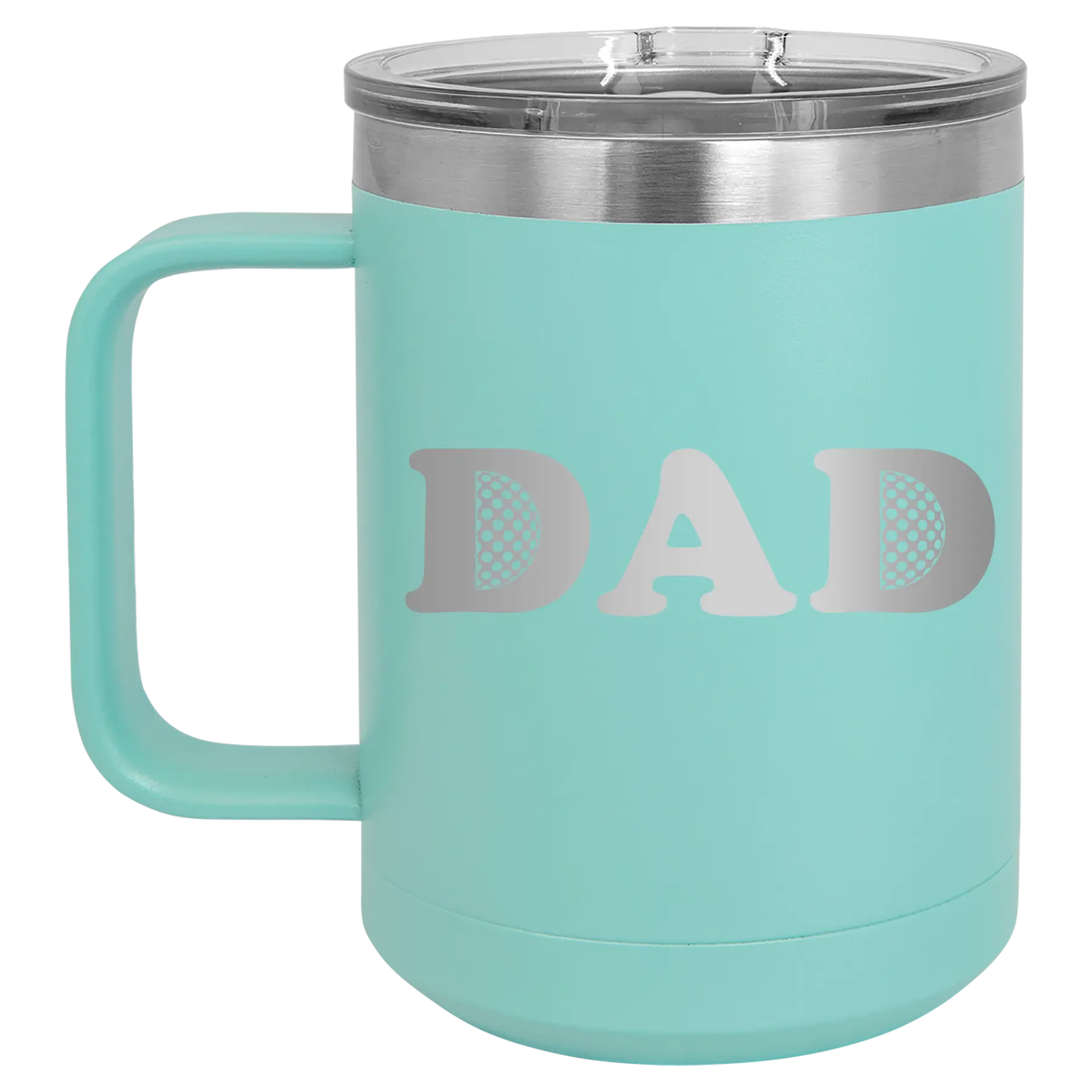 Laser etched teal 15 oz vacuum insulated coffee mug with 'Golf Dad' design
