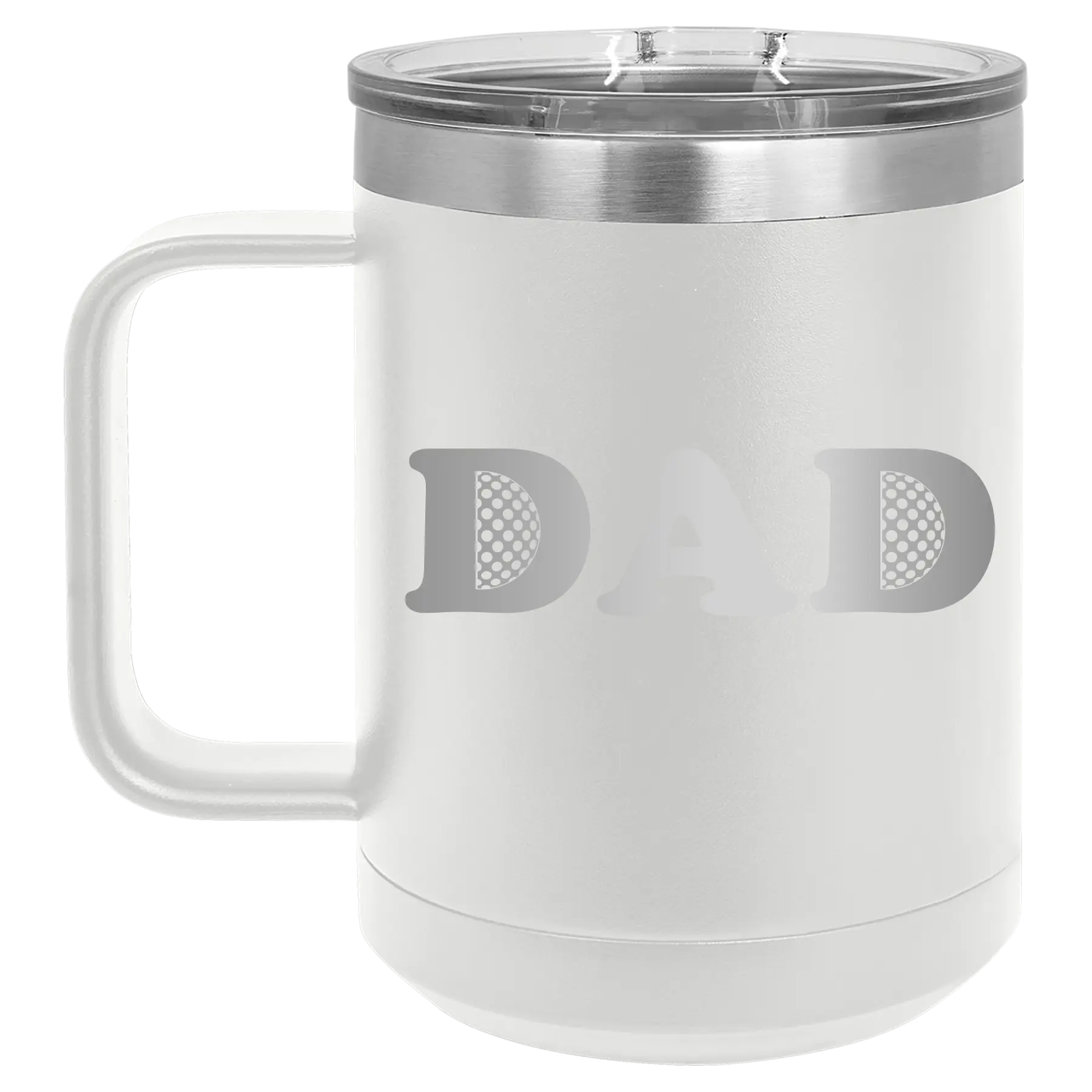 Laser etched white 15 oz vacuum insulated coffee mug with 'Golf Dad' design