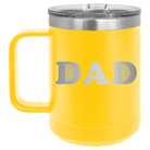 Laser etched yellow 15 oz vacuum insulated coffee mug with 'Golf Dad' design