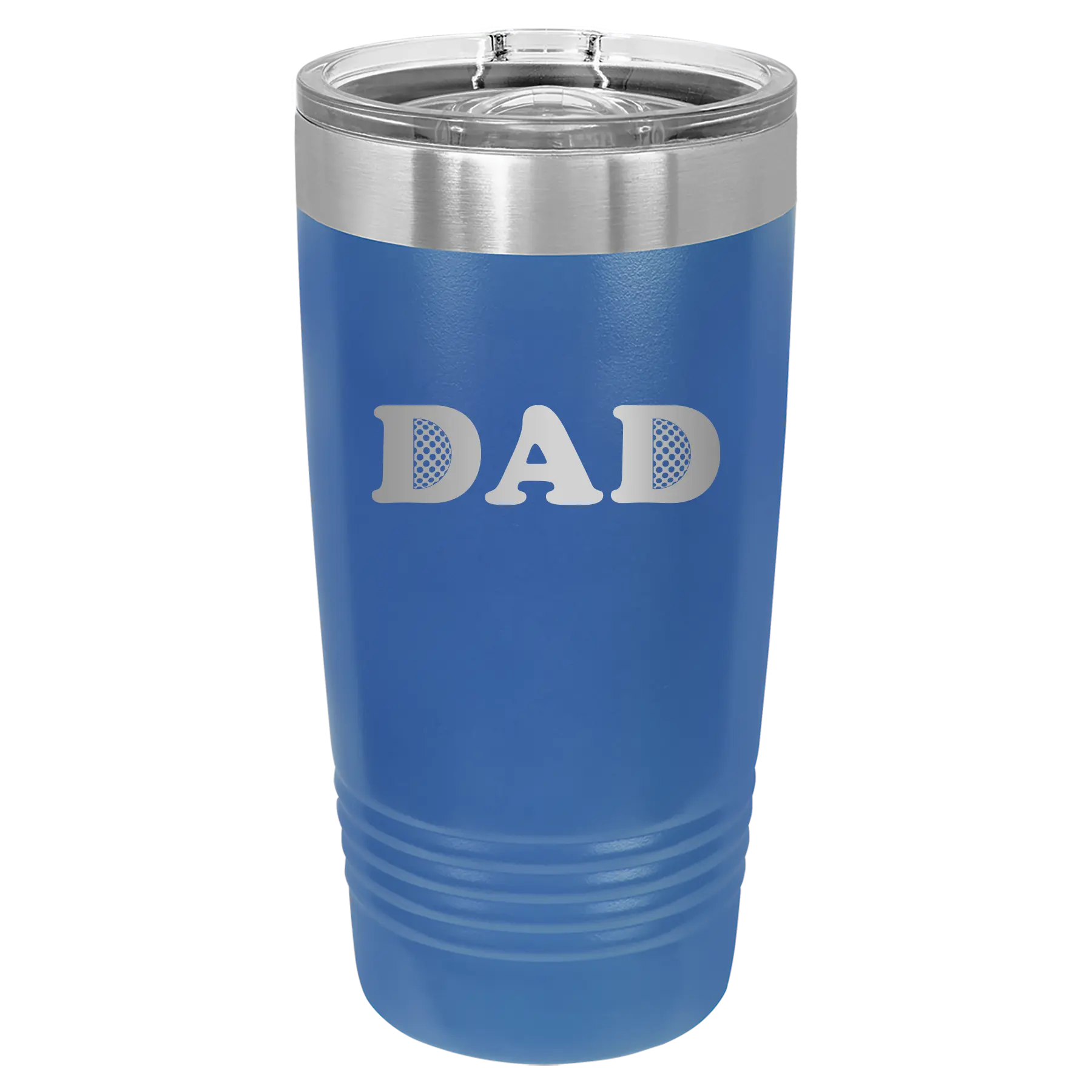 Laser etched royal blue 20 oz vacuum insulated tumbler with 'Golf Dad' design