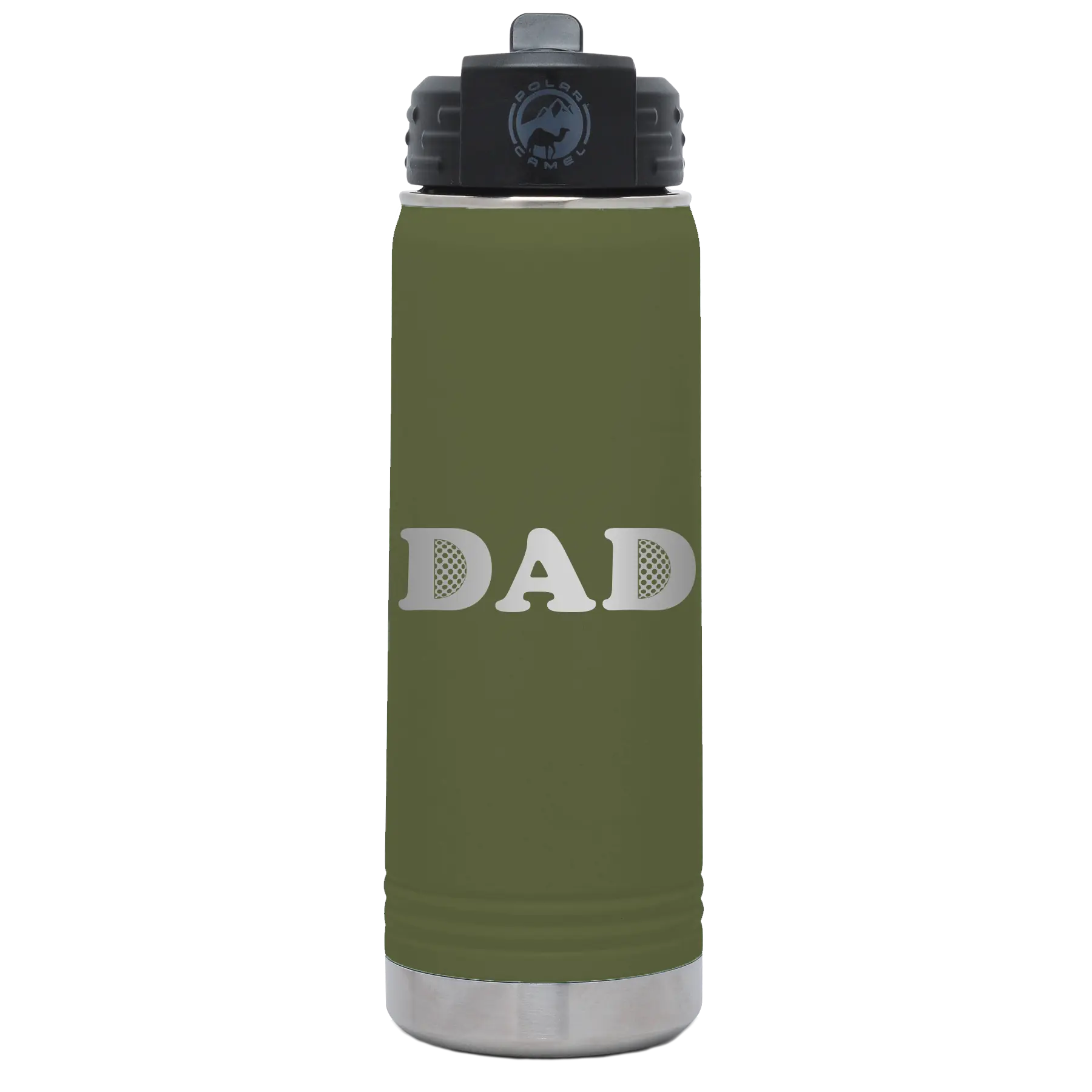 Laser etched olive green 20 oz vacuum insulated water bottle with 'Golf Dad' design