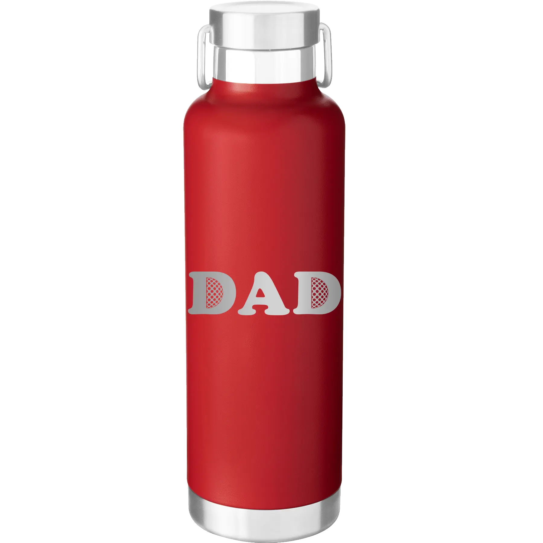 Laser etched red 24 oz vacuum insulated water bottle with 'Golf Dad' design