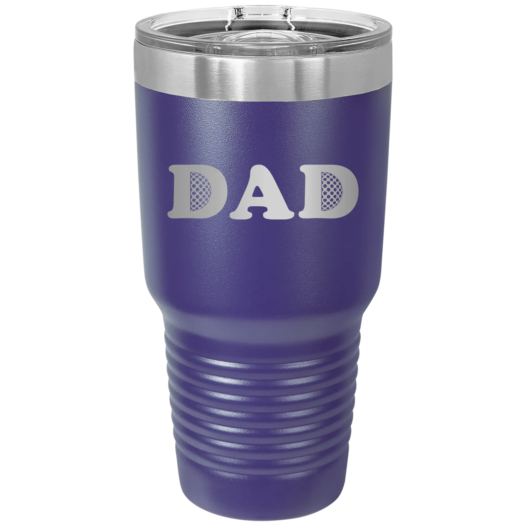 Laser etched purple 30 oz vacuum insulated tumbler with 'Golf Dad' design