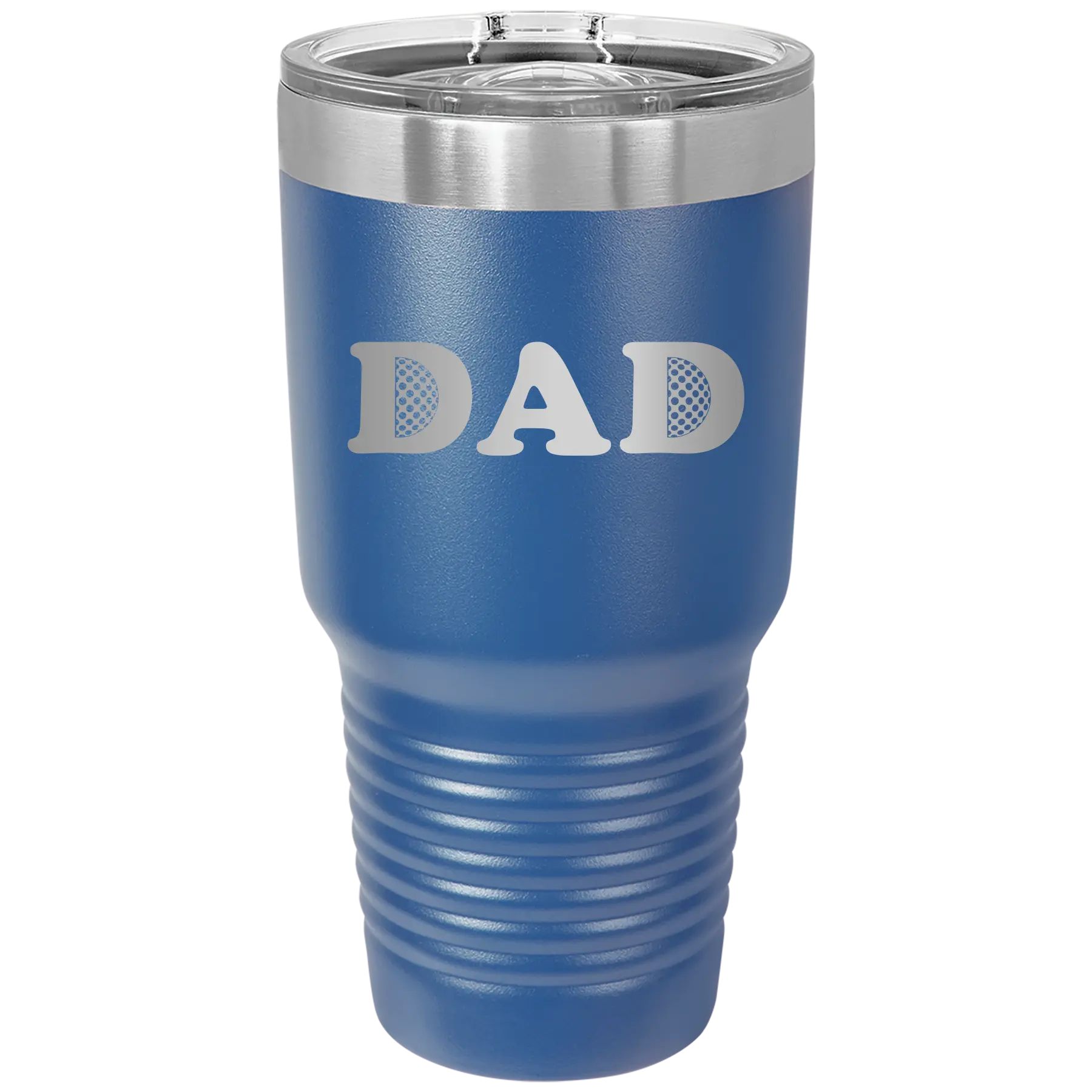 Laser etched royal blue 30 oz vacuum insulated tumbler with 'Golf Dad' design
