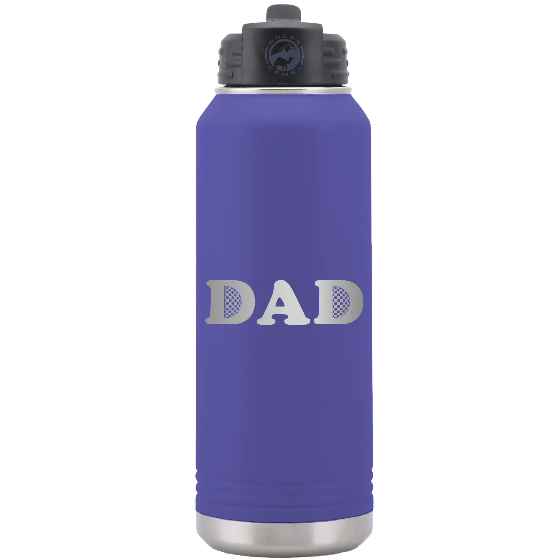 Laser etched purple 32 oz vacuum insulated water bottle with 'Golf Dad' design