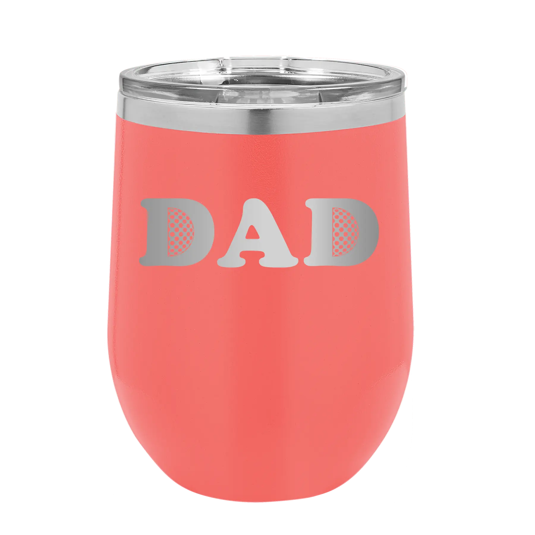 Laser etched coral 12 oz vacuum insulated wine cup with 'Golf Dad' design