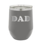 Laser etched dark gray 12 oz vacuum insulated wine cup with 'Golf Dad' design