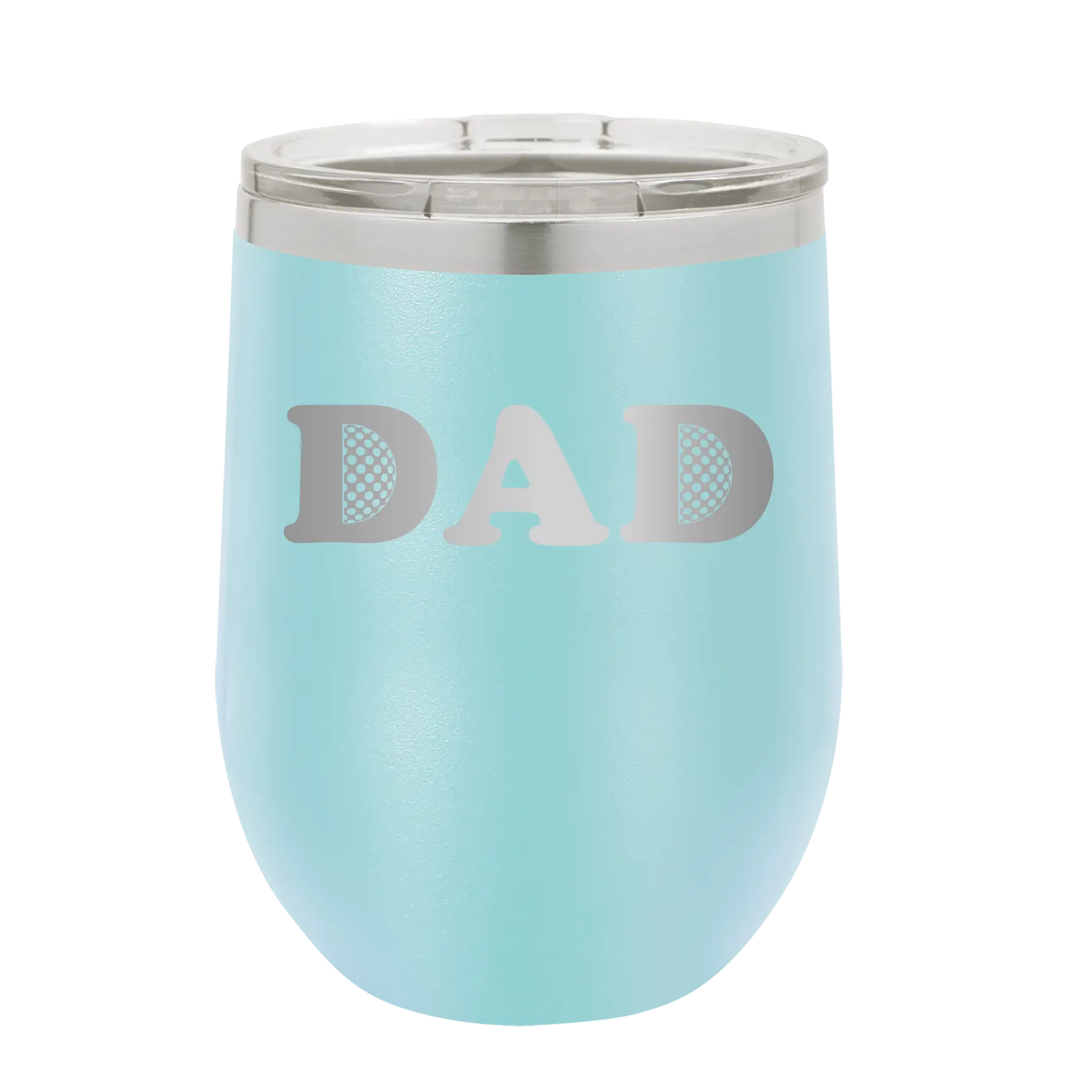 Laser etched light blue 12 oz vacuum insulated wine cup with 'Golf Dad' design