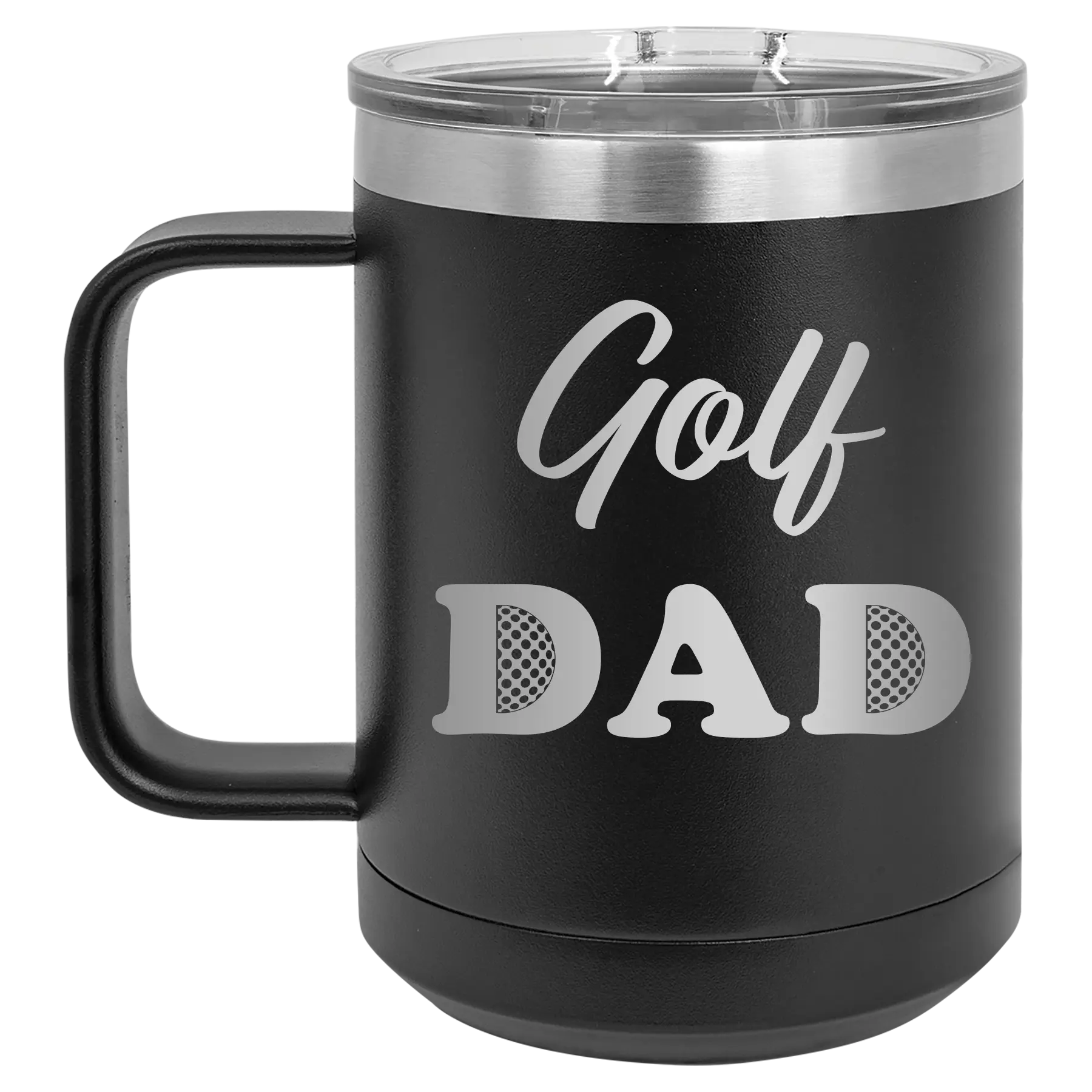 Laser etched black 15 oz vacuum insulated coffee mug with 'Golf Dad2' design
