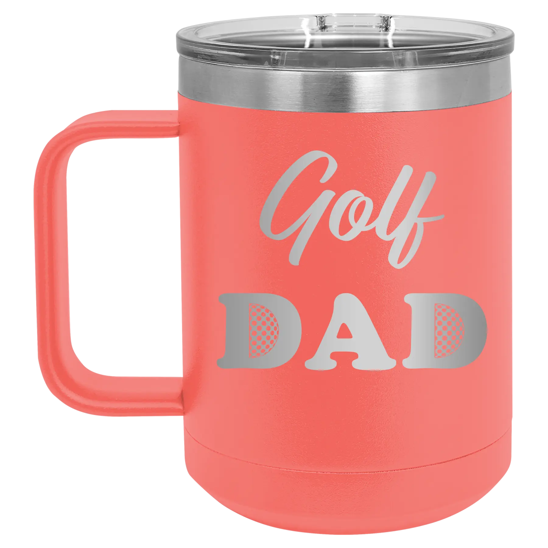 Laser etched coral 15 oz vacuum insulated coffee mug with 'Golf Dad2' design