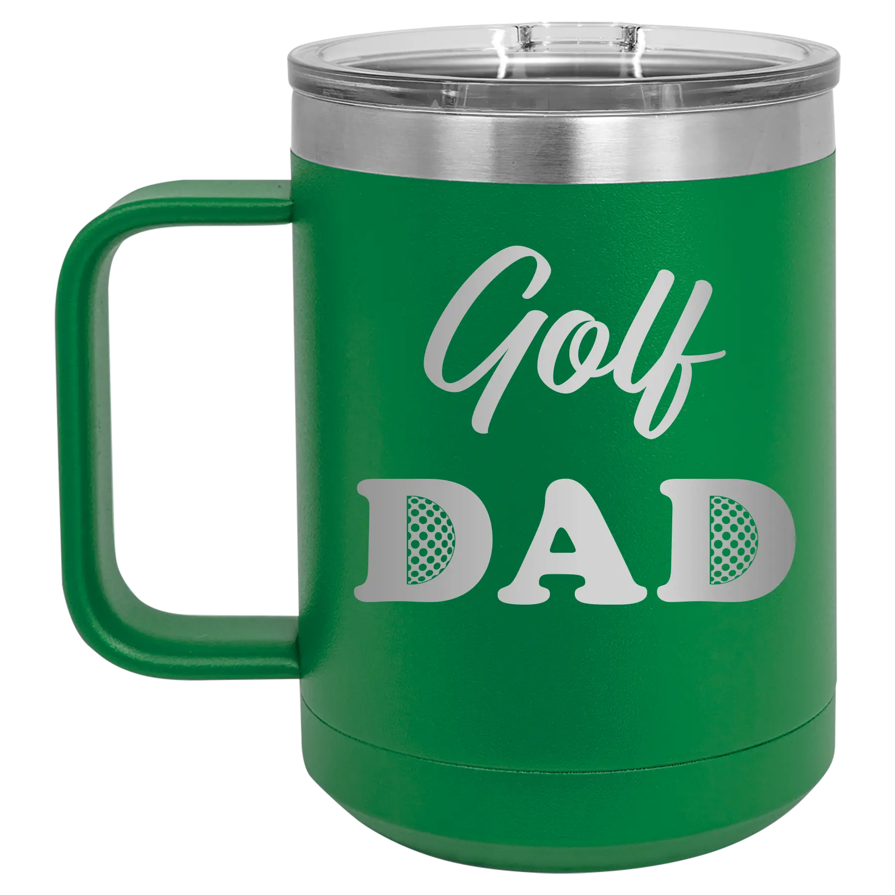 Laser etched green 15 oz vacuum insulated coffee mug with 'Golf Dad2' design