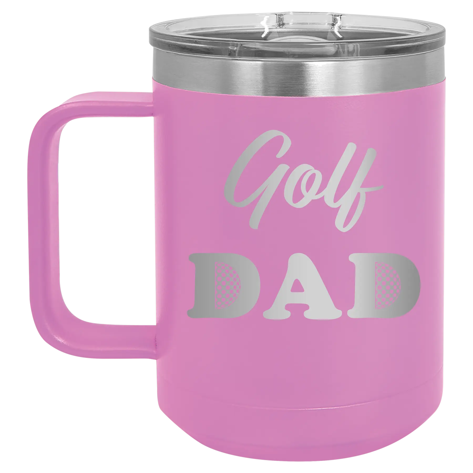 Laser etched light purple 15 oz vacuum insulated coffee mug with 'Golf Dad2' design