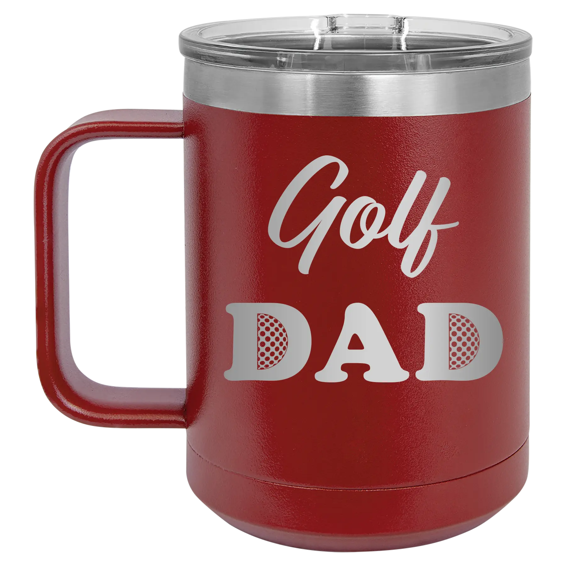 Laser etched maroon 15 oz vacuum insulated coffee mug with 'Golf Dad2' design
